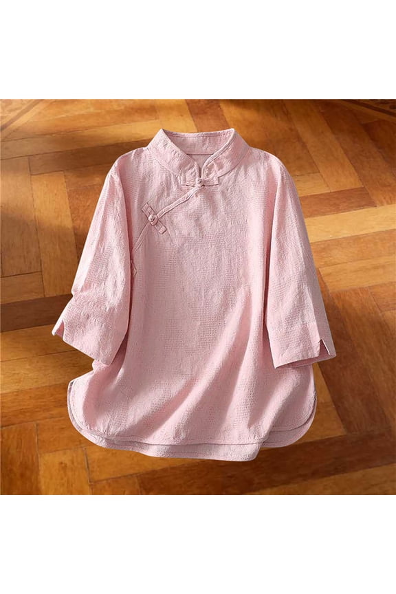 Women's Casual Tops 3/4 Sleeve Mandarin Collar Floral Embroidered Blouses Traditional Chinese Style Breathable Loose Fit Tees Gift