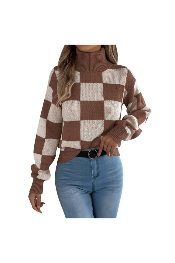 Women's Checkered Turtleneck Sweater Long Sleeve Knit Pullover Casual Loose Fit Fall Winter Fashion Trendy Grid Pattern Top Coffee Women Top