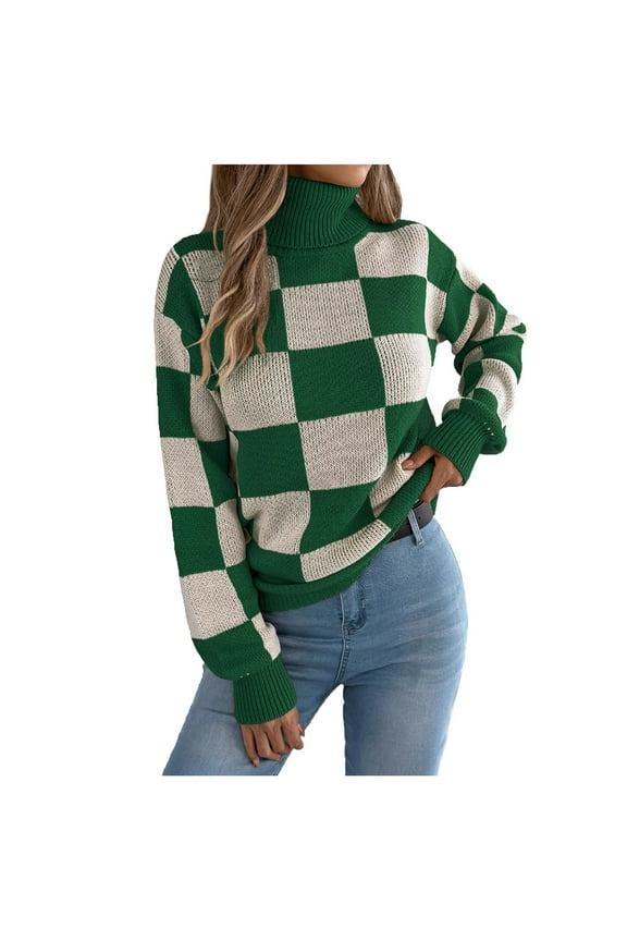 Women's Checkered Turtleneck Sweater Long Sleeve Knit Pullover Casual Loose Fit Fall Winter Fashion Trendy Grid Pattern Top Green Women Top