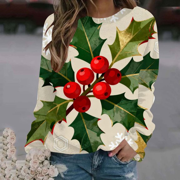 Uootdi Women's Christmas Print Long Sleeve Sweatshirt Floral Print Crew Neck Casual Loose Fit Classic Cute Christmas Print Pullover Tops Trendy Fall Holiday Party Wear Gray Women Top