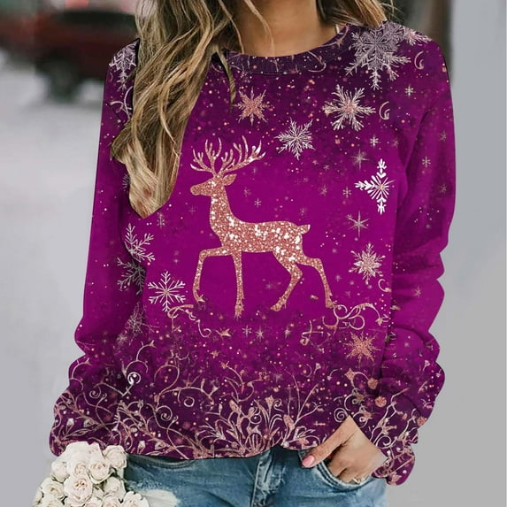 Uootdi Women's Christmas Print Long Sleeve Sweatshirt Floral Print Crew Neck Casual Loose Fit Classic Cute Christmas Print Pullover Tops Trendy Fall Holiday Party Wear Gray Women Top