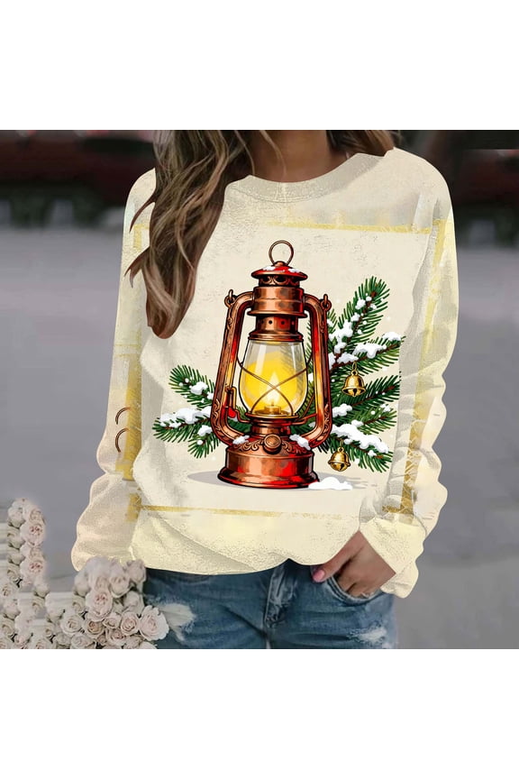 Women's Christmas Print Long Sleeve Sweatshirt Floral Print Crew Neck Casual Loose Fit Classic Cute Christmas Print Pullover Tops Trendy Fall Holiday Party Wear Gray Women Top