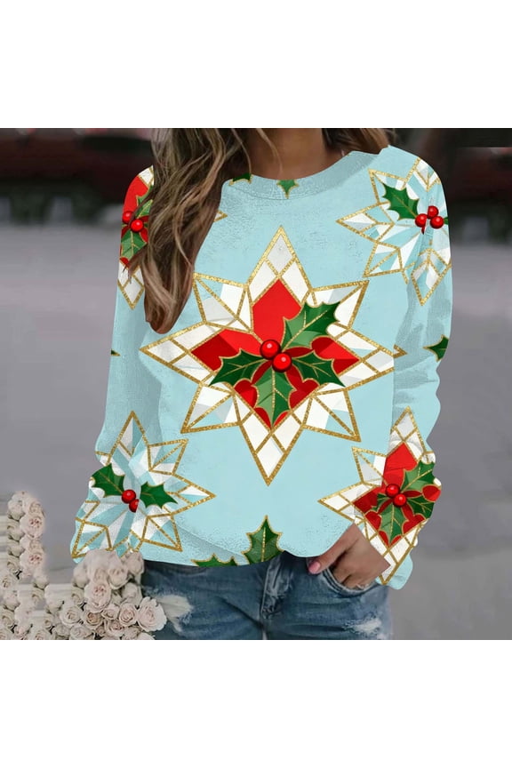 Women's Christmas Print Long Sleeve Sweatshirt Floral Print Crew Neck Casual Loose Fit Classic Cute Christmas Print Pullover Tops Trendy Fall Holiday Party Wear Gray Women Top
