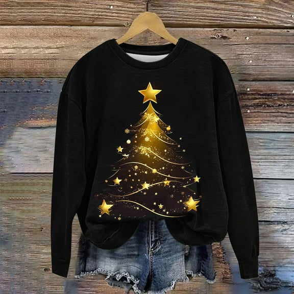 Uootdi Women's Christmas Round Neck Printed Loose Sweater Long-sleeved Top Gift