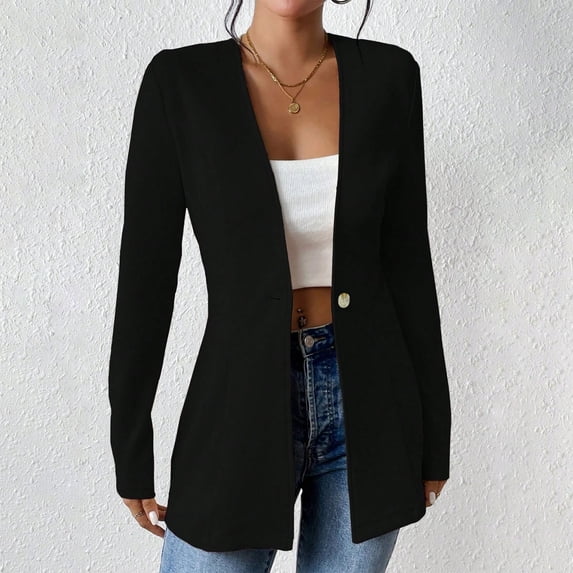 Uootdi Women's Collarless Single - Button Blazer, Sleek & Tailored Fit, Versatile for Office & Casual Outings, Available in Multiple Colors Black Women Top