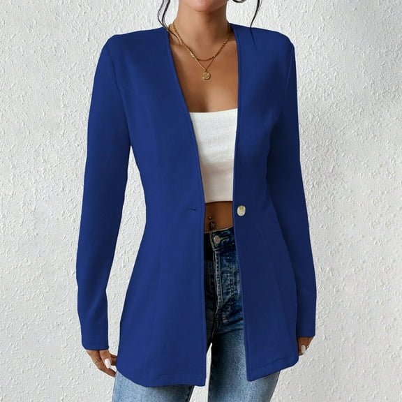 Uootdi Women's Collarless Single - Button Blazer, Sleek & Tailored Fit, Versatile for Office & Casual Outings, Available in Multiple Colors Blue Women Top