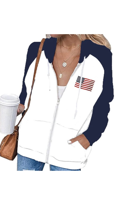 Women's Color Block Zip Gift Up Hoodie USA Flag Graphic Casual Long Sleeve Sweatshirt Jacket with Pockets Loose Tops