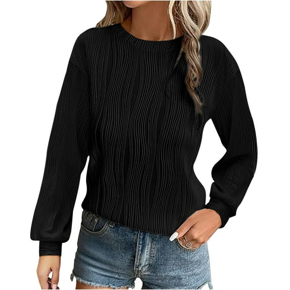 Uootdi Women's Crewneck Ribbed Knit Sweater - Long Puff Sleeve，Solid Color，Casual Loose Fit，Soft Comfy Fabric,Versatile Basic Pullover,Essential Wardrobe Staple