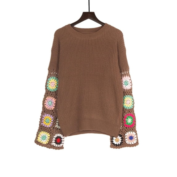 Uootdi Women's Crochet Patchwork Sweater Crew Neck Long Sleeve Knitted Pullover Colorful Floral Sleeve Design Boho Chic Top for Fall Winter Coffee Women Top