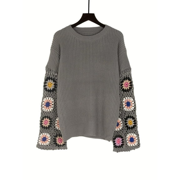 Uootdi Women's Crochet Patchwork Sweater Crew Neck Long Sleeve Knitted Pullover Colorful Floral Sleeve Design Boho Chic Top for Fall Winter Gray Women Top