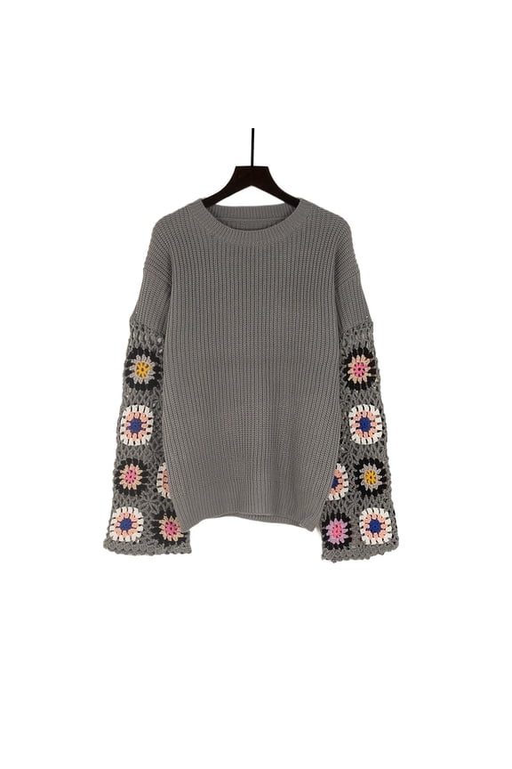 Women's Crochet Patchwork Sweater Crew Neck Long Sleeve Knitted Pullover Colorful Floral Sleeve Design Boho Chic Top for Fall Winter Gray Women Top