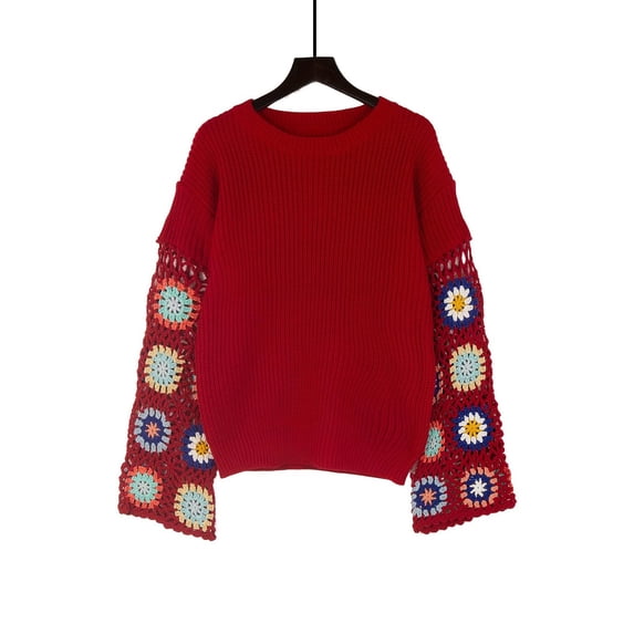 Uootdi Women's Crochet Patchwork Sweater Crew Neck Long Sleeve Knitted Pullover Colorful Floral Sleeve Design Boho Chic Top for Fall Winter Red Women Top