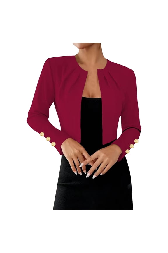 Women's Cropped Blazer Jacket Long Sleeve Button Detail Open Front Formal Work Office Evening Party Trendy Fall Winter Top Wine Women Tops