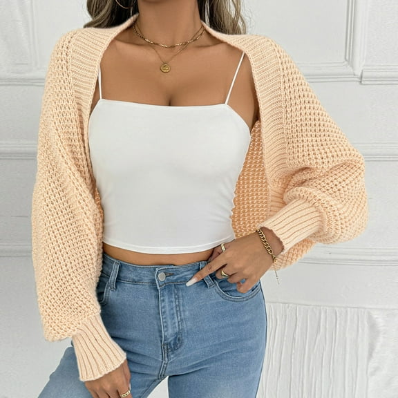 Uootdi Women's Cropped Knit Cardigan - Open Front Balloon Sleeve Sweater, Casual Lightweight Outerwear, Trendy Multi Color Options, Versatile Spring Fall Outfit Beige Women Top