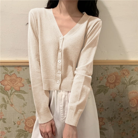 Uootdi Women's Cropped V Neck Cardigan - Button Down Knit Sweater, Casual Short Knitwear, Trendy Spring Summer Outerwear, Versatile Colorful Cardigans Beige Women Top