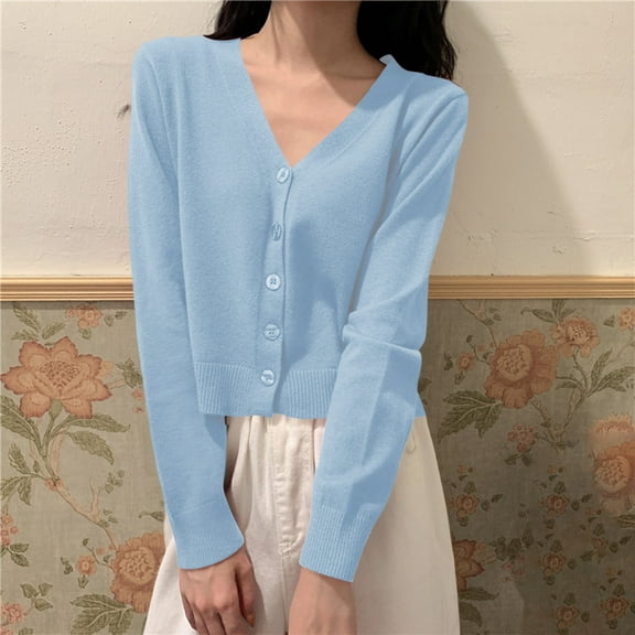 Uootdi Women's Cropped V Neck Cardigan - Button Down Knit Sweater, Casual Short Knitwear, Trendy Spring Summer Outerwear, Versatile Colorful Cardigans Sky Blue Women Top