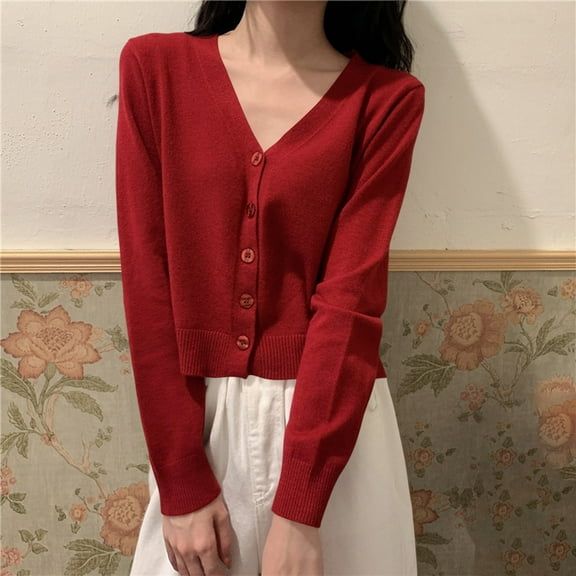 Uootdi Women's Cropped V Neck Cardigan - Button Down Knit Sweater, Casual Short Knitwear, Trendy Spring Summer Outerwear, Versatile Colorful Cardigans Wine Women Top