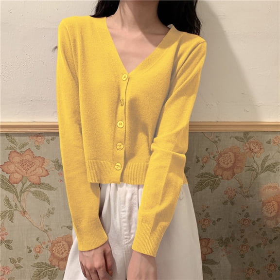 Uootdi Women's Cropped V Neck Cardigan - Button Down Knit Sweater, Casual Short Knitwear, Trendy Spring Summer Outerwear, Versatile Colorful Cardigans Yellow Women Top
