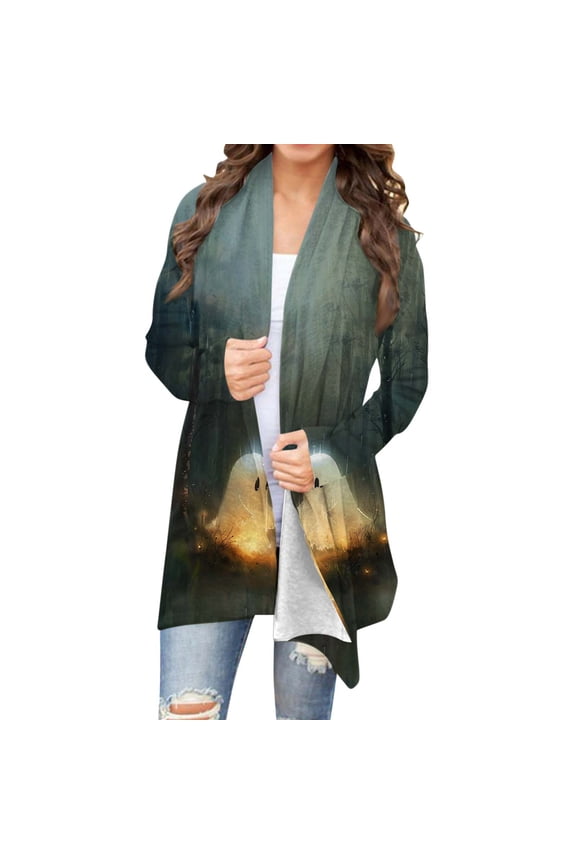 Women's Cute Ghost Swing Cardigan - Open Front Long Sleeve Coat, Casual Spooky Season Outerwear, Trendy Forest Print Jacket, Versatile Fall Outwear Green Women Top