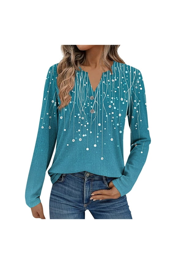 Women's Dangle Dot Print Henley Neck Blouse Long Sleeve Casual Loose Fit Teal Artistic Pattern Fall Trendy Top Blue Women Tops