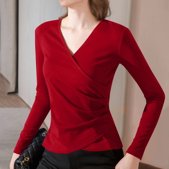 Uootdi Women's Deep V Neck Wrap Long Sleeve Shirts Cross Wrap Ruched Solid Color Slim Fit Dressy Blouse Y2K Crop Tops