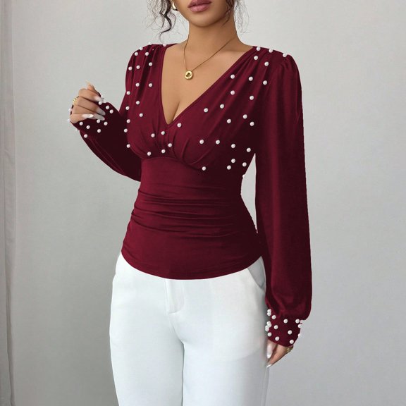 Uootdi Women's Deep V Neck Wrap Long Sleeve Shirts Pearl Cross Wrap Ruched Solid Color Slim Fit Dressy Blouse Y2K Crop Tops