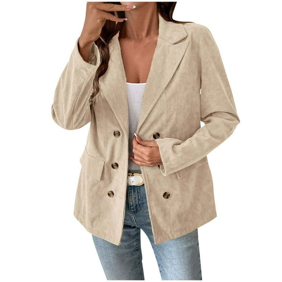 Uootdi Women's Double Breasted Corduroy Blazer Lapel Collar Long Sleeve Button Front Casual Loose Fit Jacket Office Work Fall Outerwear Beige Women Top