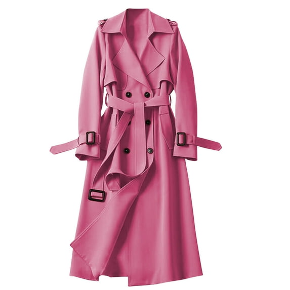 Uootdi Women's Double Breasted Trench Coat - Belted Longline Outerwear, Classic Lapel Raincoat, Trendy Fall Winter Fashion, Versatile Colorful Overcoats Purple Women Top