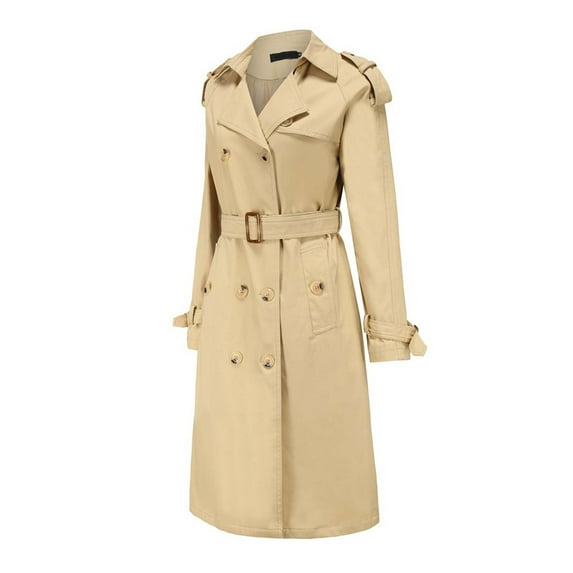 Uootdi Women's Double Breasted Trench Coat - Belted Longline Outerwear, Classic Lapel Raincoat, Trendy Fall Winter Fashion, Versatile Colorful Overcoats White Women Top