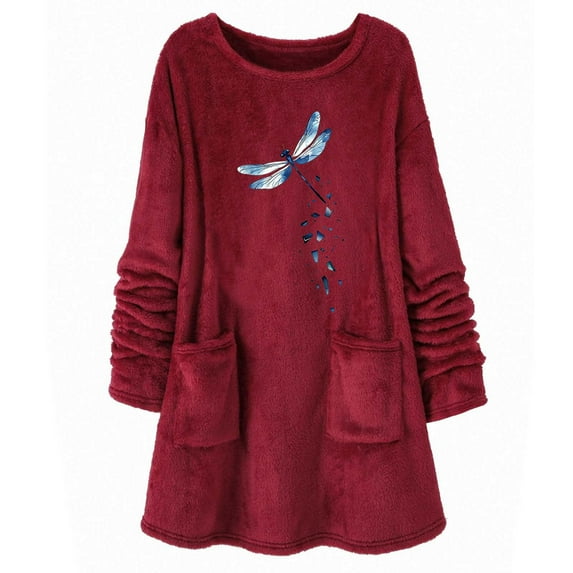 Uootdi Women's Dragonfly Graphic Sweatshirt - Fuzzy Oversized Tunic,Cozy Winter Fall Loungewear,Trendy Animal Print Pullover,Pocketed Casual Top,Soft Warm Outdoor Fashion