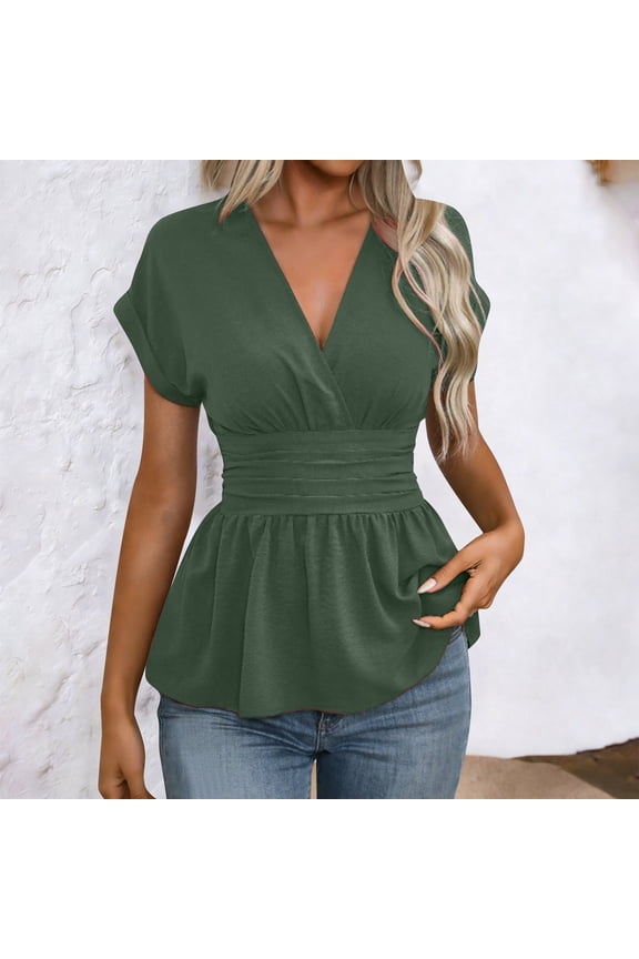 Women's Elegant Tops Wrap Waist V Neck Peplum Short Sleeve Shirts Stretchy Ruched Ruffle Dressy Blouses Gift