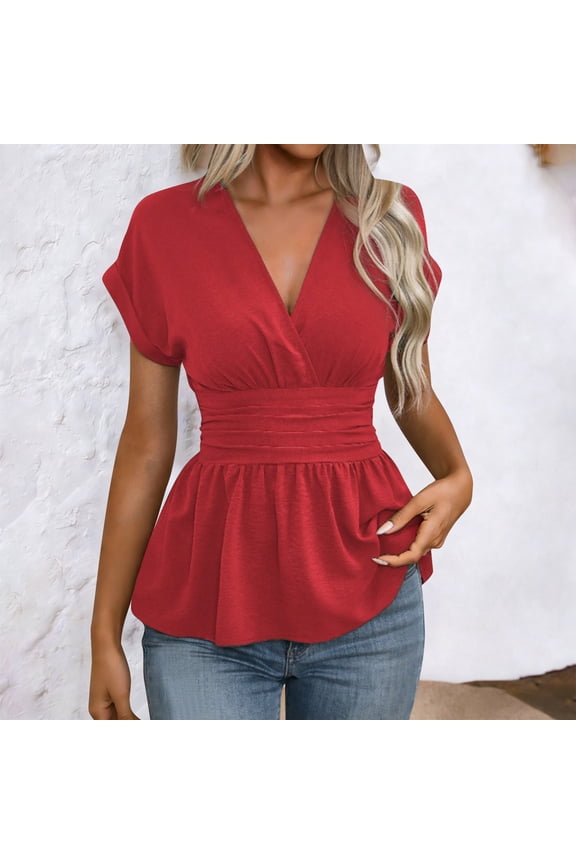 Women's Elegant Tops Wrap Waist V Neck Peplum Short Sleeve Shirts Stretchy Ruched Ruffle Dressy Blouses Gift