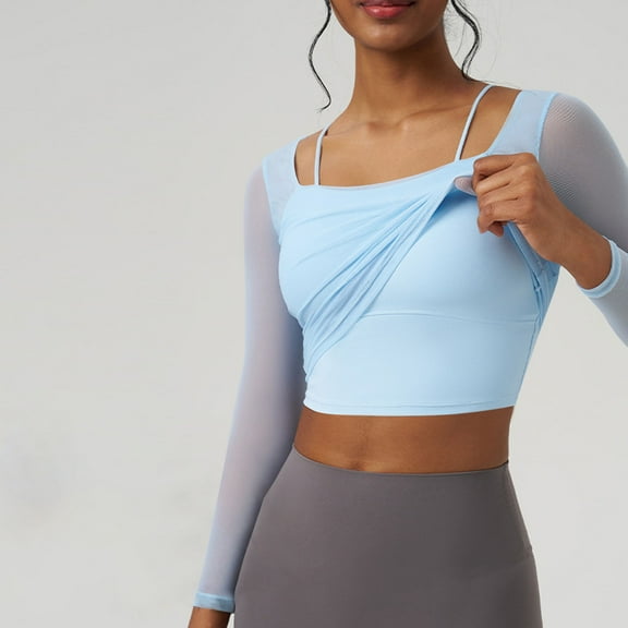 Uootdi Women's Fall Long Sleeve Crop Tops Square Neck Shirts with Bra Slim Fit Sexy 2 in 1 Gift Yoga Casual Basic