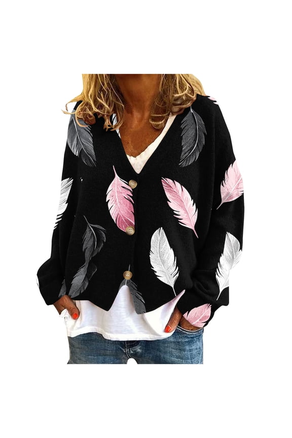 Women's Feather Print Button Cardigan Fleece Lined V Neck Long Sleeve Casual Loose Fit Fall Winter Warm Outerwear Trendy Boho Pattern Sweater Black Women Top