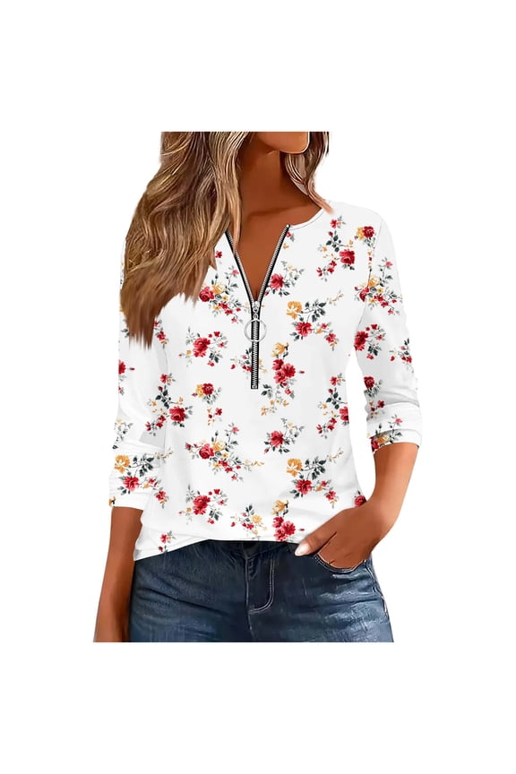 Women's Feather Print Zip Neck Blouse Long Sleeve Casual Loose Fit White Boho Pattern Fall Trendy Top White Women Tops