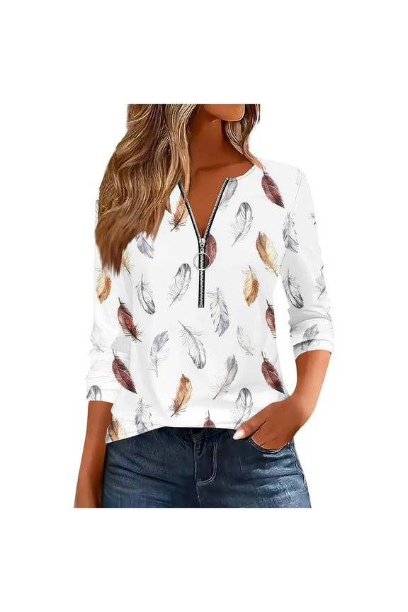 Women's Feather Print Zip - Neck Top, Long Sleeve, Casual Loose Fit, Boho Pattern, Fall Trendy Blouse White Women Tops