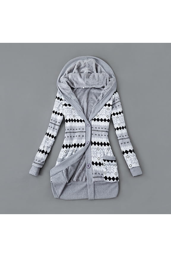 Women's Fleece Lined Hooded Cardigan Tribal Pattern Button Down Sweater Jacket Warm Winter Outerwear Gray Women Top