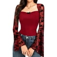 thumbnail image 1 of Uootdi Women's Floral Knot Front Tops Cropped Mesh Ruffle Long Bell Sleeve Y2K T Shirts Goth Tee Fall Clothes Gift, 1 of 5
