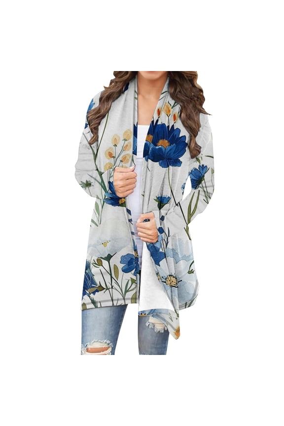 Women's Floral Print Cardigan Duster Long Open Front Kimono Jacket Lightweight Boho Beach Cover Up Casual Spring Summer Trendy Outerwear White Women Top