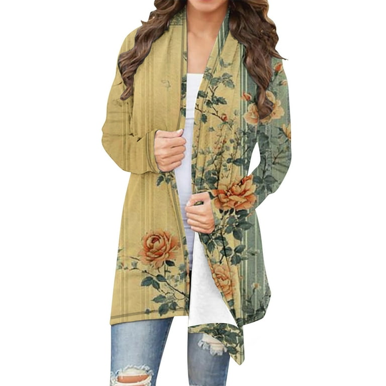 Uootdi Women's Floral Print Cardigan Duster Long Open Front Kimono