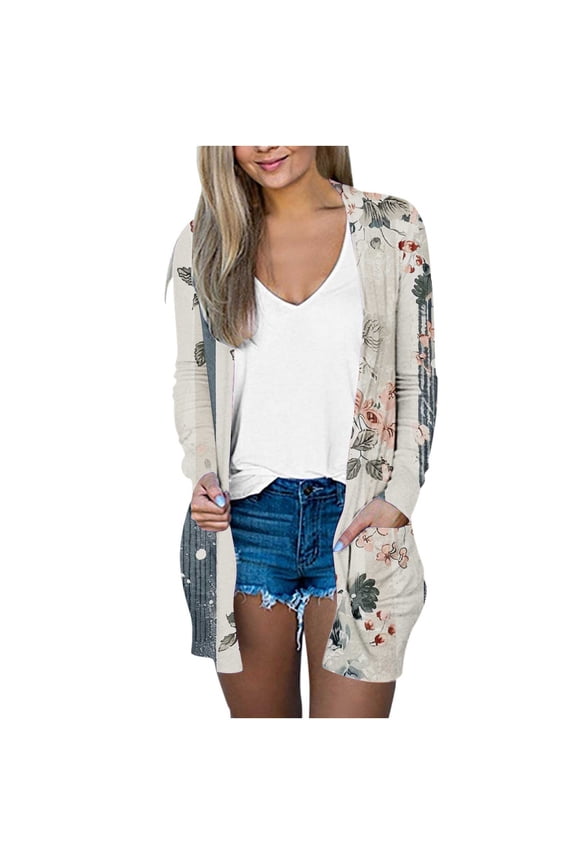 Women's Floral Print Cardigan Open Front Long Sleeve Pockets Casual Loose Fit Lightweight Fall Fashion Outerwear Trendy Boho Chic Sweater Pink Women Top