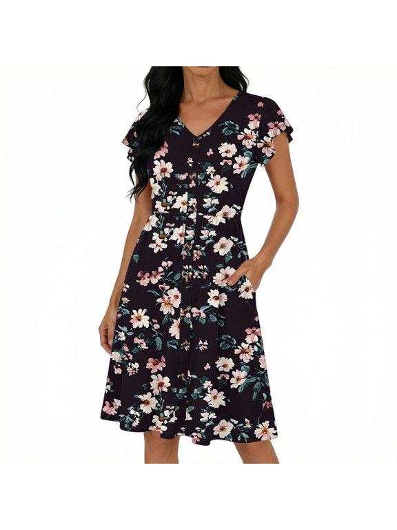 Women's Floral Print Dresses V Neck Short Sleeve Ruffle Button Pocket T-Shirt Dresses Daily Lightweight Loose Casual Dresses Gift