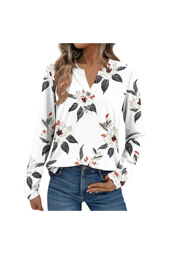 Women's Floral Print Henley Neck Blouse Long Sleeve Casual Loose Fit White Botanical Pattern Spring Trendy Top White Women Tops