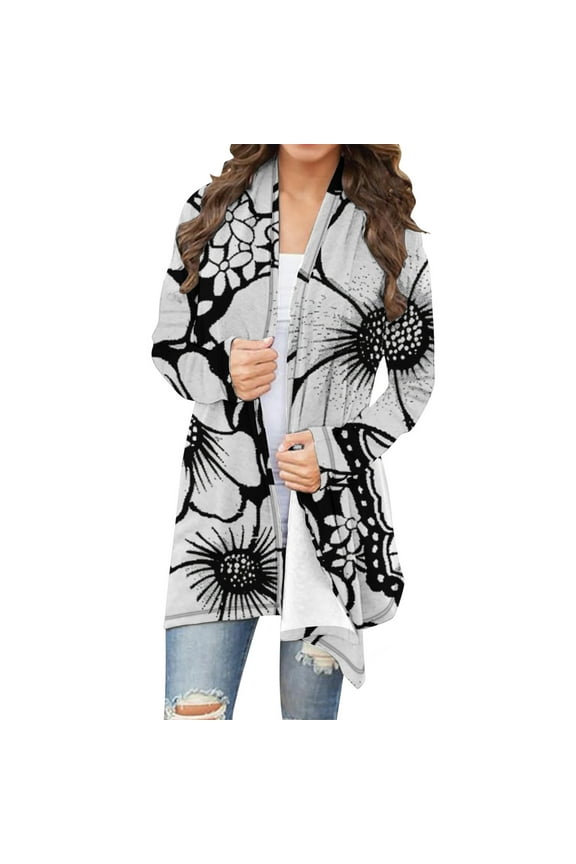 Women's Floral Print Open Front Cardigan - Long Sleeve Lightweight Coat, Casual Boho Outerwear, Trendy Botanical Jacket, Versatile Daily Top Black Women Top