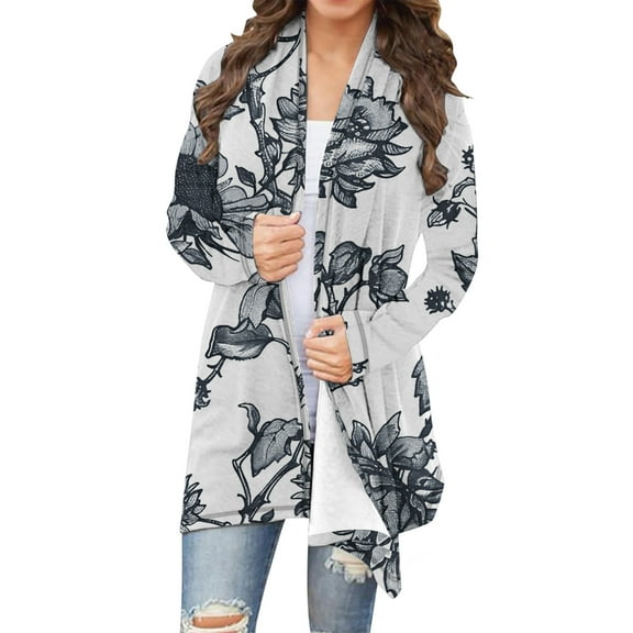 Uootdi Women's Floral Print Open Front Cardigan - Long Sleeve Lightweight Coat, Casual Boho Outerwear, Trendy Botanical Jacket, Versatile Daily Top White Women Top