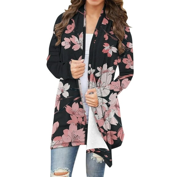 Uootdi Women's Floral Print Open Front Cardigan - Long Sleeve Lightweight Coat, Casual Boho Outerwear, Trendy Floral Jacket, Versatile Daily Top Black Women Top