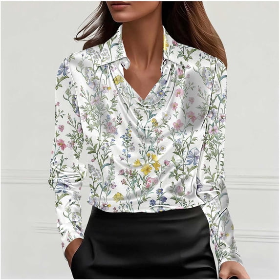 Uootdi Women's Floral Print Satin Cowl Neck Long Sleeve Shirts Dressy Business Office Loose Elegant Blouses Baggy Fit Blouses Beach Vacation Wear Gift