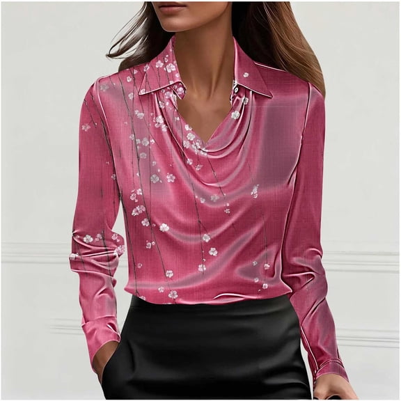 Uootdi Women's Floral Print Satin Cowl Neck Long Sleeve Shirts Dressy Business Office Loose Elegant Blouses Baggy Fit Blouses Beach Vacation Wear Gift