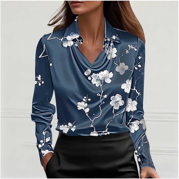 Uootdi Women's Floral Print Satin Cowl Neck Long Sleeve Shirts Dressy Business Office Loose Elegant Blouses Baggy Fit Blouses Beach Vacation Wear Gift