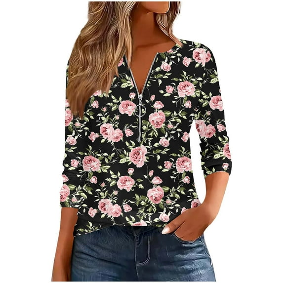 Uootdi Women's Floral Print Zip Neck Blouse Long Sleeve Casual Loose Fit Black Pink Rose Pattern Spring Trendy Top Pink Women Tops